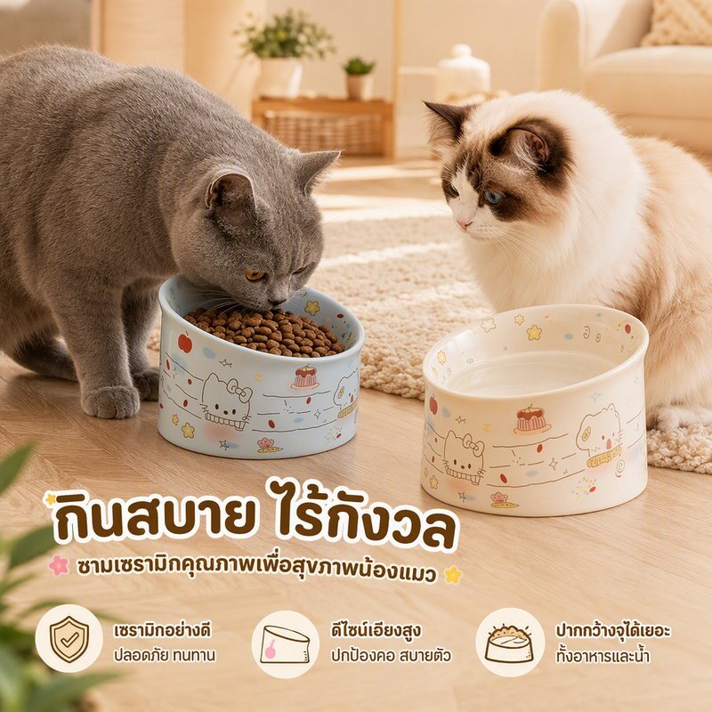 ชามอาหารแมวเซรามิก ยกสูง ทรงเอียง กันลื่น ปากกว้าง ลายการ์ตูน ชามน้ําแมว แมวสุนัข