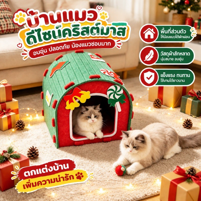 บ้านแมวคริสต์มาส ผ้าสักหลาดกึ่งปิด นุ่มอุ่นกันลม ขูดเล็บได้ ตกแต่งบ้านได้ เหมาะสําหรับสัตว์เลี้ยง