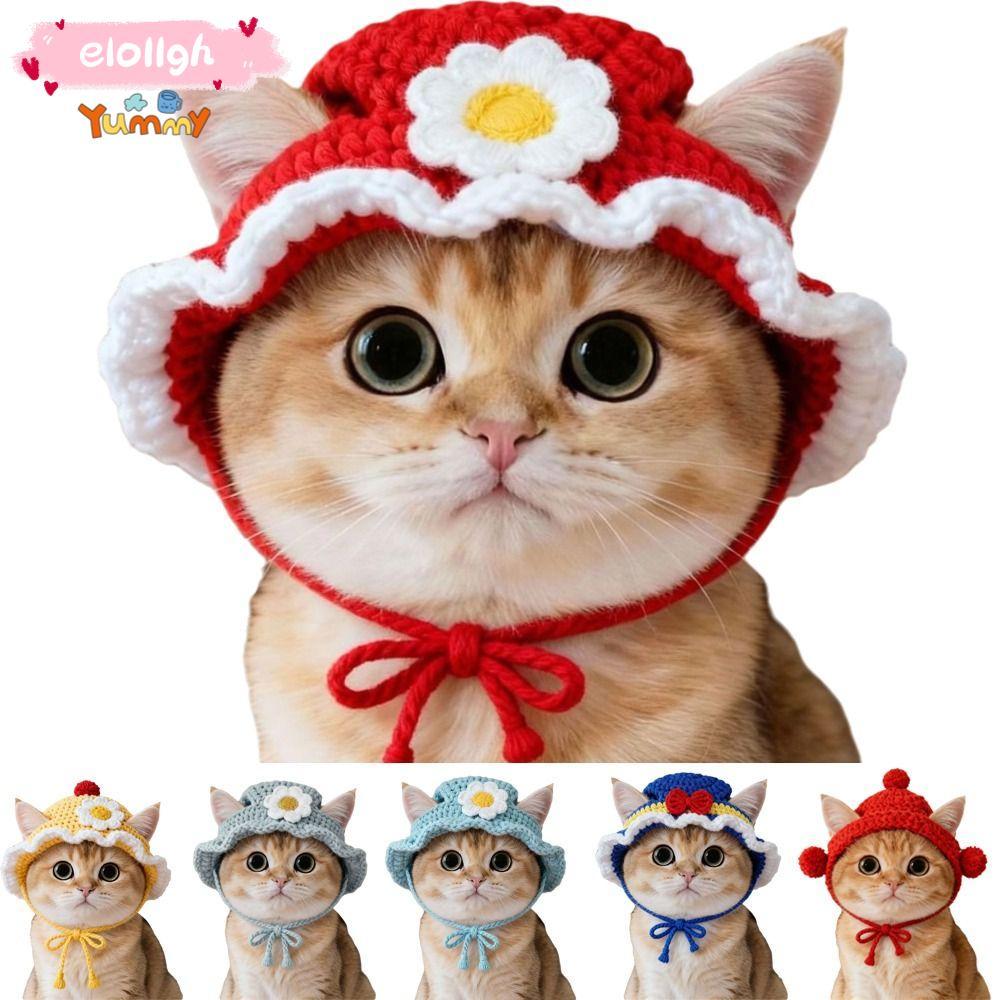 ELOGH หมวกแมว, ตลกกลั่นยืดหยุ่นลูกสุนัขลูกแมวถักหมวก, Handmade Photo Shoot Props สัตว์เลี้ยงคอสเพลย์ Headwear ฤดูใบไม้ร่วงฤดูหนาว