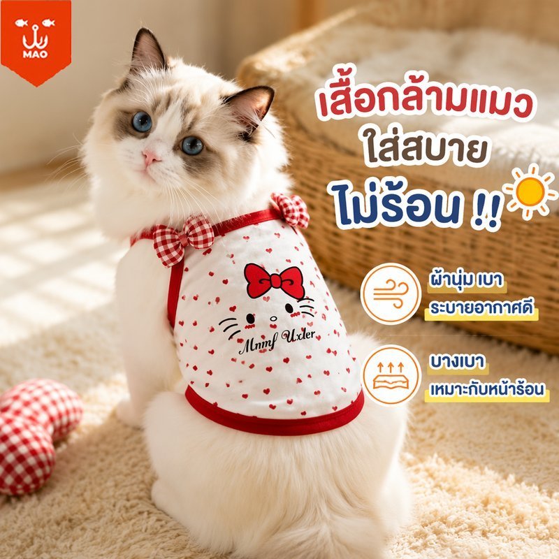 เสื้อกล้ามแมว เสื้อสุนัขเล็ก ลายโบว์คิตตี้ ผ้าคอตตอน ระบายอากาศ ใส่สบาย ขนาด S M L