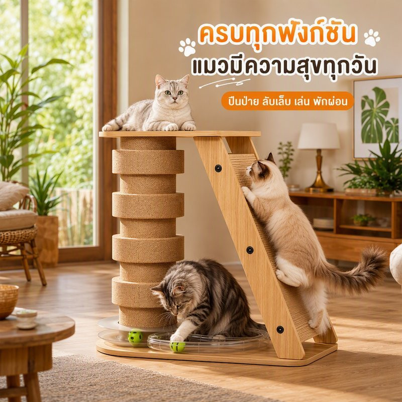 คอนโดแมว ที่ลับเล็บแมว ไม้ 4in1 บ้านแมว หลุมแมว ของเล่นแมว ทนทาน รองรับ 4 6 ตัว