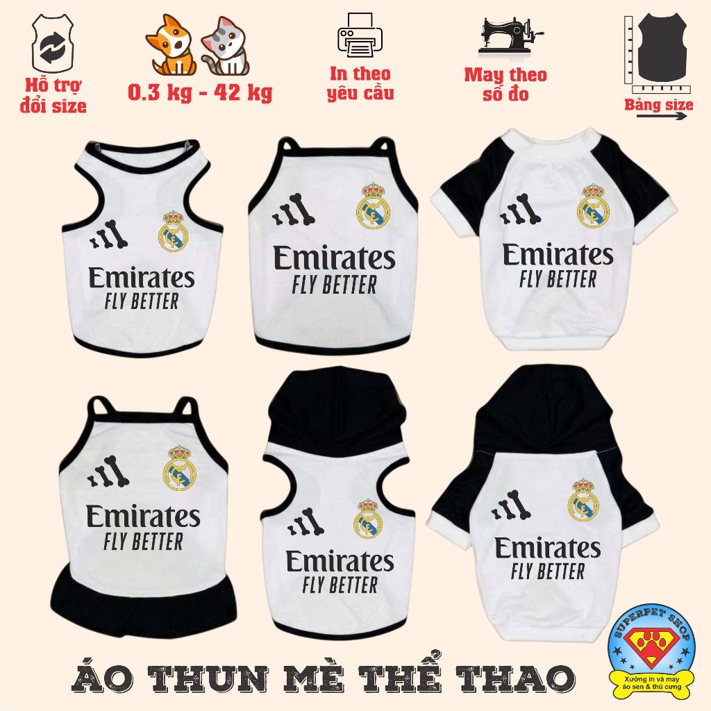 เสื้อสุนัขและแมวฤดูร้อน - REAL MAD.RID EMIRATES FOOTBALL CLUB - BLACK AND WHITE - Superpet Shop