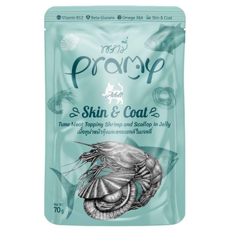 พรามี่อาหารแมวรสทูน่าหน้ากุ้งและหอยเชลล์ในเจลลี่ 70กรัม Pramy Tuna ShrimpScallop 70g