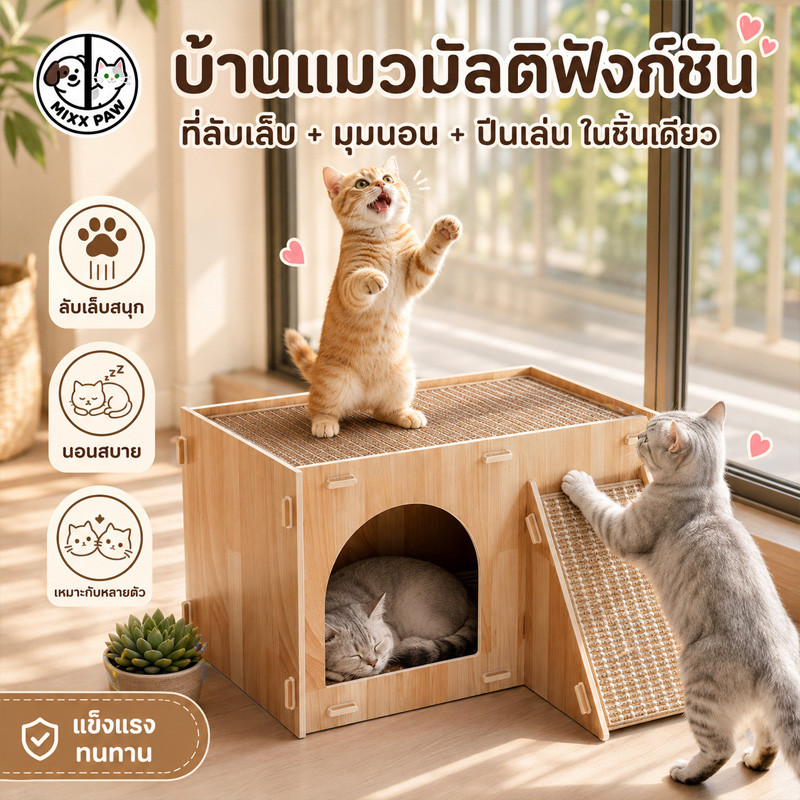 COD ที่ลับเล็บแมว บ้านแมวสองชั้น บ้านลับเล็บแมวฟังก์ชั่นหลากหลาย ทนต่อการขีดข่วน พื้นที่ขนาดใหญ่