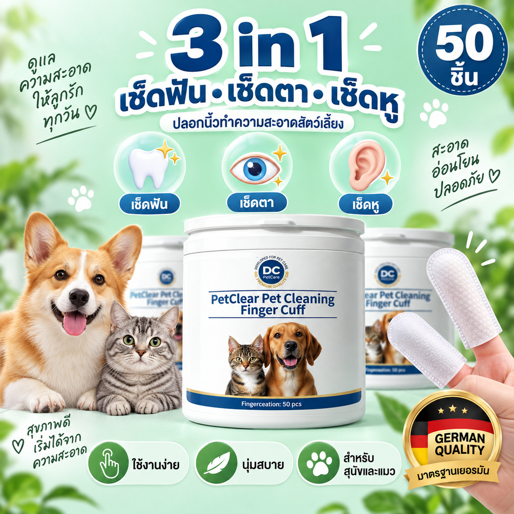Pet Cleaning Finger Cuff 3 in 1 ปลอกนิ้วทําความสะอาดสัตว์เลี้ยง 50 ชิ้น เช็ดฟัน เช็ดตา เช็ดหู สําหรับสุนัขและแมว