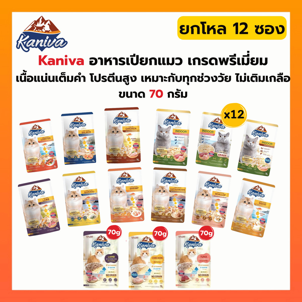 ยกโหล 12 ซอง ] Kaniva อาหารเปียกแมว เปียกแมว คานิว่าเพาซ์ ผสม Vitamins Ball ขนาด 70 กรัม