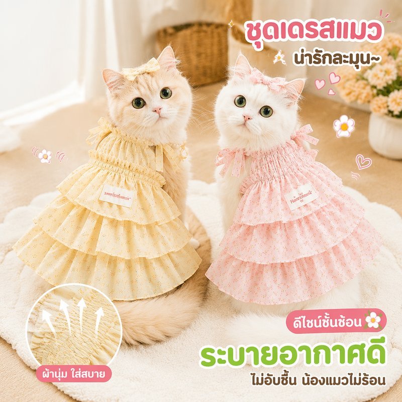 ชุดเดรสแมว เจ้าหญิง กระโปรงเค้ก หลายชั้น ลายดอกไม้ ผ้าชีฟอง บางเบา ระบายอากาศ สายปรับได้