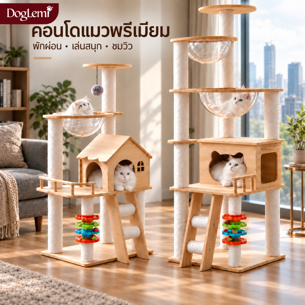 DogLemi】คอนโดแมว สูง150cm คอนโดลับเล็บแมว เสาผ้ากํามะหยี่ พร้อมของเล่นรางบอล บ้านแมว ที่นอนแมว ปีนเล่นได้