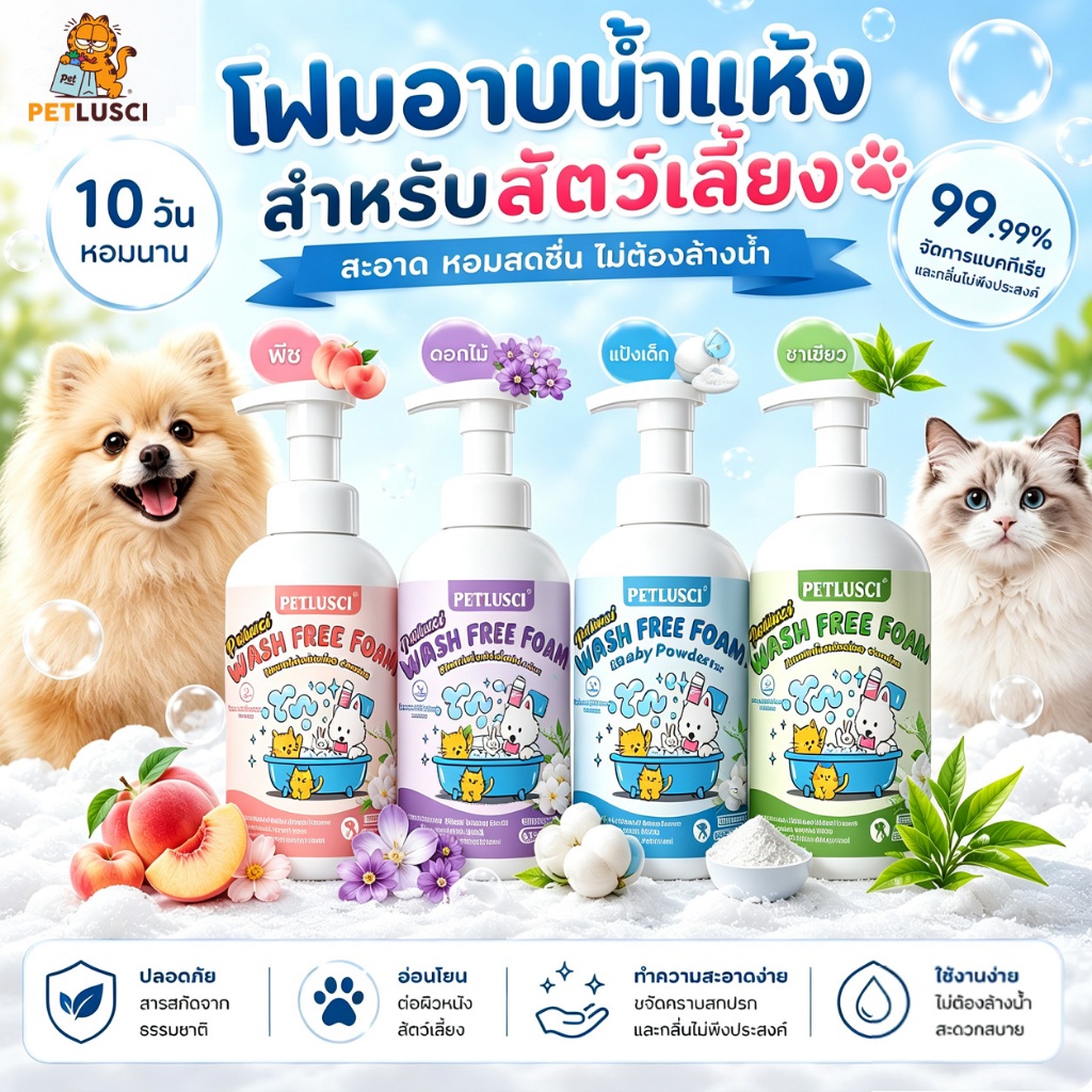 โฟมอาบน้ําแห้งสัตว์เลี้ยง 200/500ml แชมพูสุนัข แชมพูแมว สะอาด ดับกลิ่น ไม่ต้องล้างน้ํา เลียขนได้