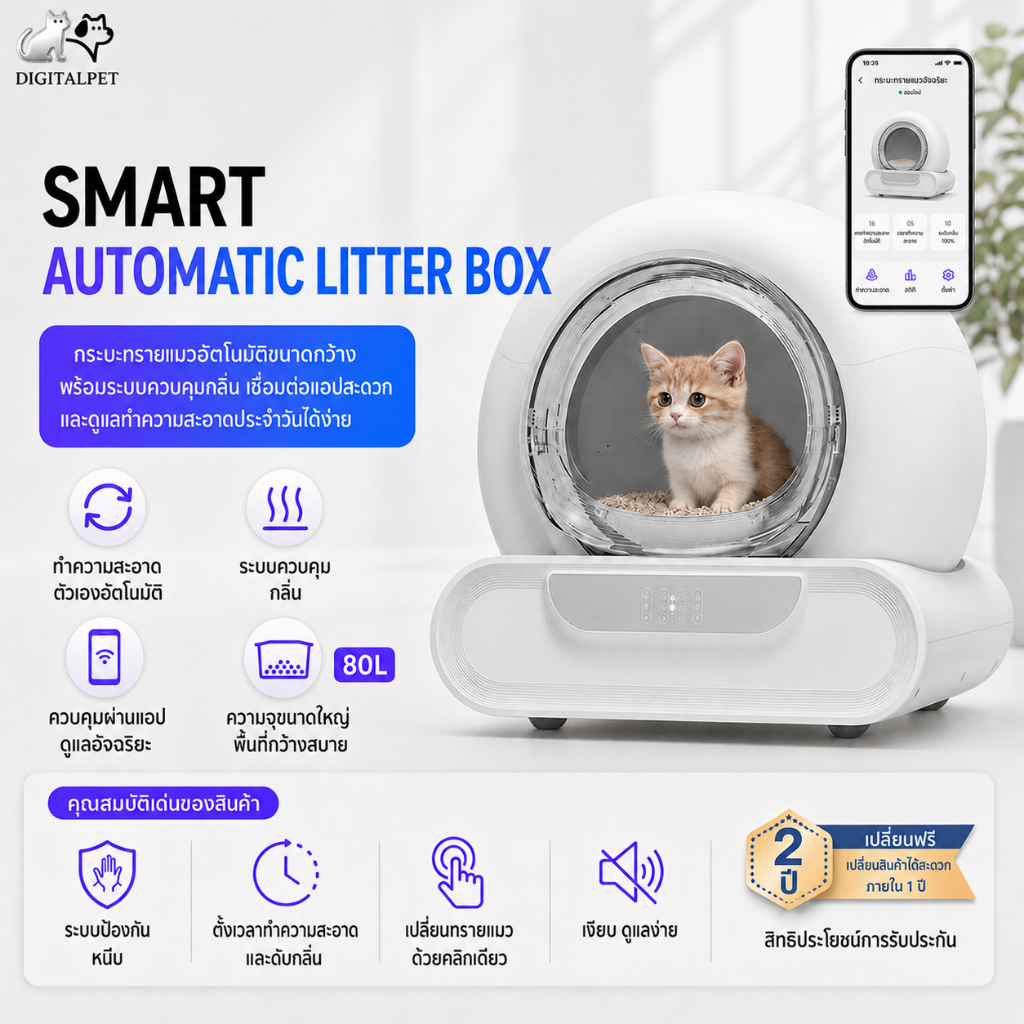 DIGITALPET ห้องน้ําเเมวแบบอัตโนมัติ Automatic litter box ปลอดภัยไม่หนีบแมว ห้องน้ําแมวอัตโนมัติ ห้องน้ําแมวอัตโนมัติรุ่น