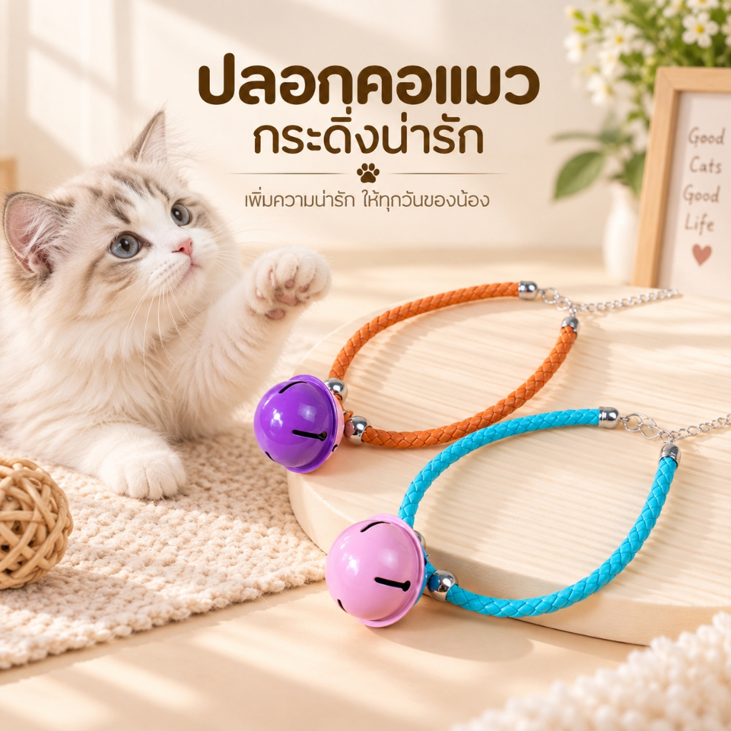 ปลอกคอเชือก+กระดิ่งใหญ่ ปลอกคอแมวกระดิ่งใหญ่ ปลอกคอสุนัขแฟชั่น ปลอกคอสัตว์เลี้ยงสายถัก ปรับขนาดได้ พร้อมกระดิ่งน่ารัก