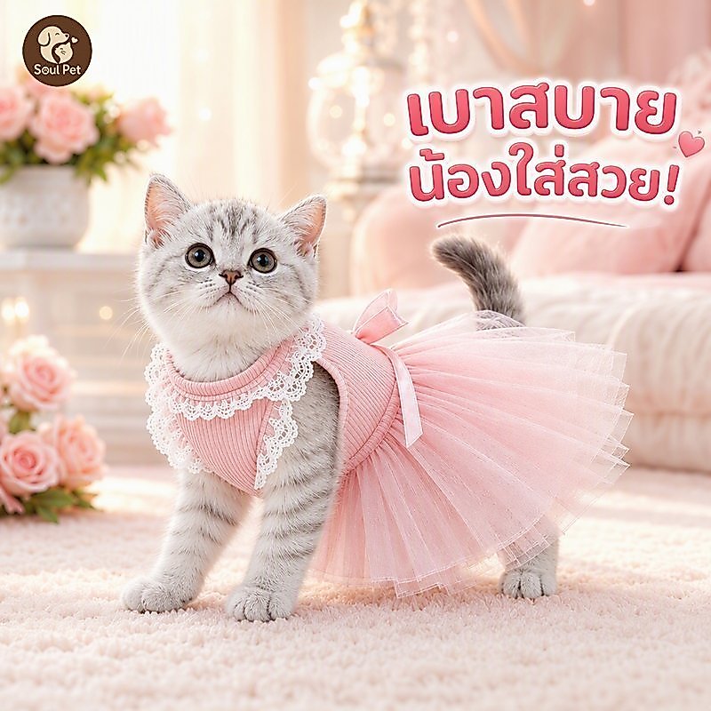 ชุดเดรสสัตว์เลี้ยง เจ้าหญิง แมว สุนัขเล็ก กระโปรงระบาย ผ้าบางเบา ระบายอากาศ ใส่สบาย ไซซ์ S M L XL