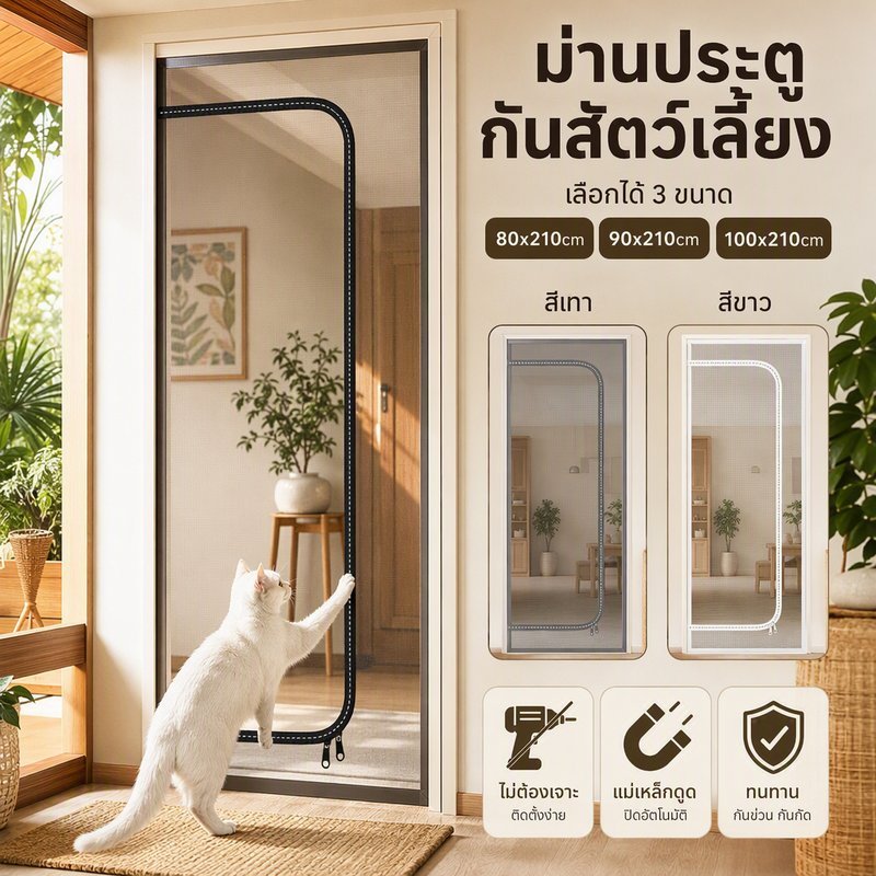 ม่านประตูแม่เหล็ก กันยุง กันแมลง กันฝุ่น กันแมวข่วน ติดตั้งง่าย ไม่ต้องเจาะ ระบายอากาศดี