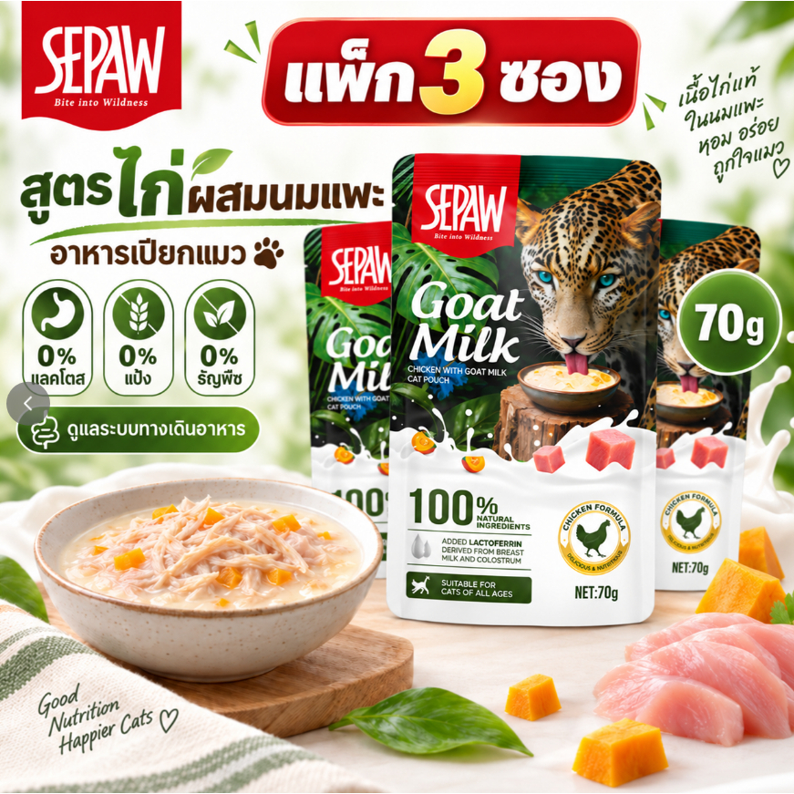 SEPAW อาหารเปียกแมวพรีเมียมผสมนมแพะ 3 สูตร ไก่ แซลมอน ทูน่า เสริมแลคโตเฟอร์ริน 70g × 3 ซอง