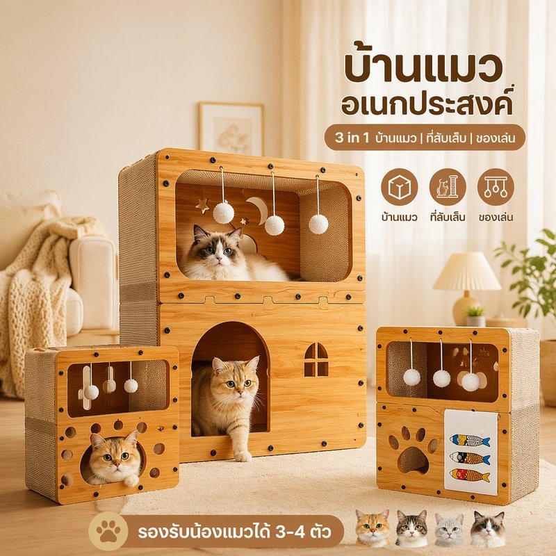 บ้านแมว กระดาษลูกฟูก 3in1 ที่ลับเล็บแมว เตียงแมว ของเล่นแมว สําหรับแมวหลายตัว แข็งแรง
