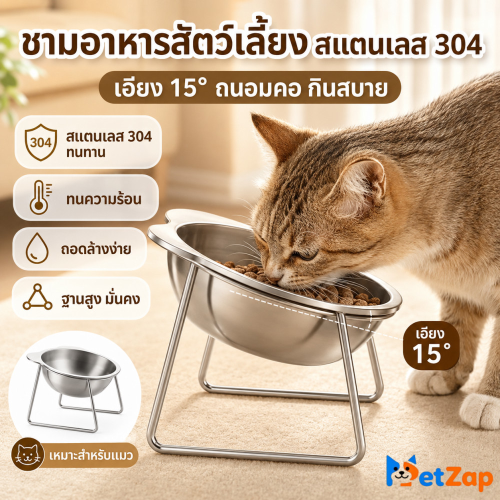 Pet Zap】 COD ชามแมวสแตนเลส 304 ชามแมวยกสูง ถนอมกระดูกคอ ทนทาน ไม่แตกหักง่าย ชามอาหารหมาแมว
