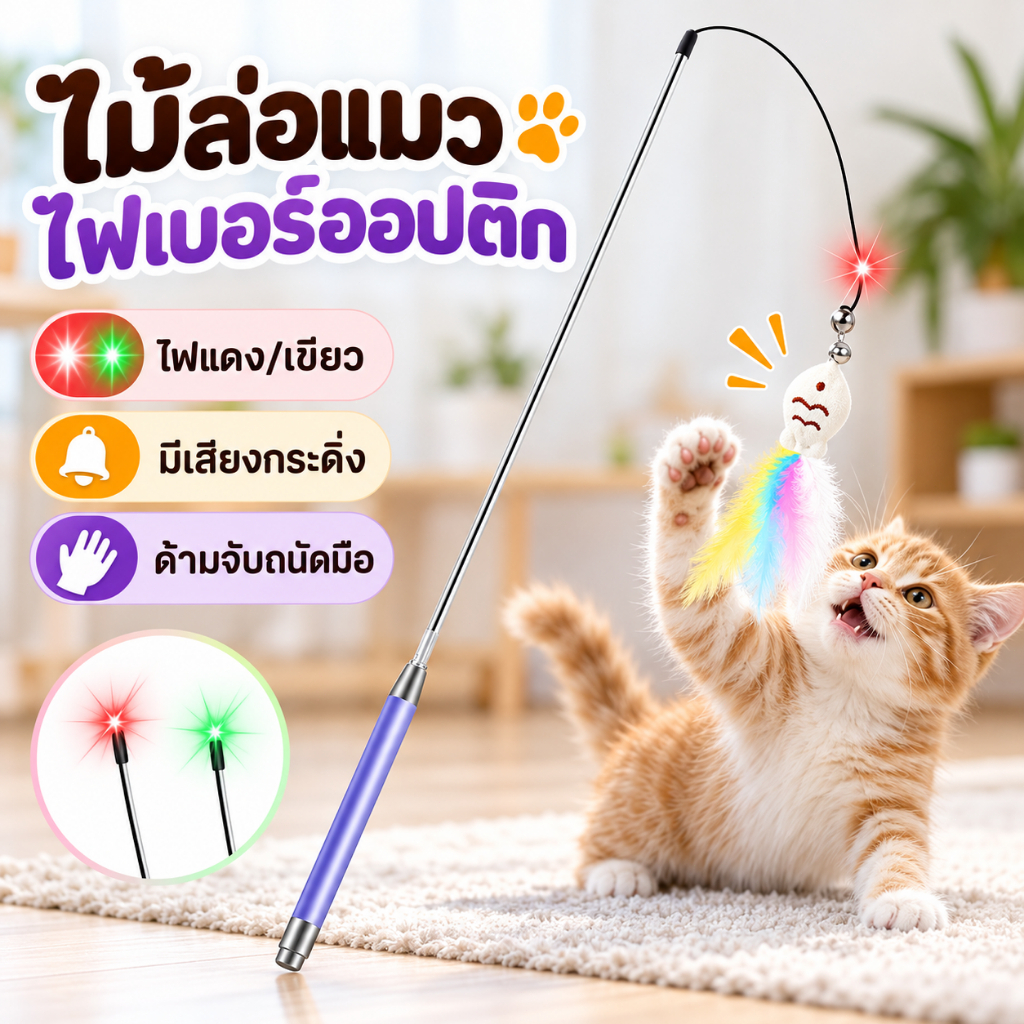 ไม้ล่อแมวไฟเบอร์ออปติก ของเล่นแมว 2 โหมด ไฟแดงไฟเขียว พร้อมขนนก กระดิ่ง เสริมความสนุก กระตุ้นแมวเล่น
