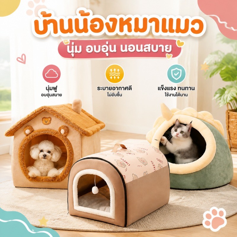 COD 2-in-1 ที่นอนสัตว์เลี้ยง ที่นอนสุนัข บ้านแมว พื้นที่ขนาดใหญ่ กึ่งปิด สะดวกสบาย ด้านล่างมีกันลื่น