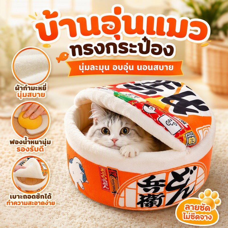 บ้านแมว ที่นอนแมว ทรงกระป๋อง หลุมนอนแมว แบบเปิดปิด ถอดซักได้ พร้อมผ้าห่ม นุ่ม กันหนาว