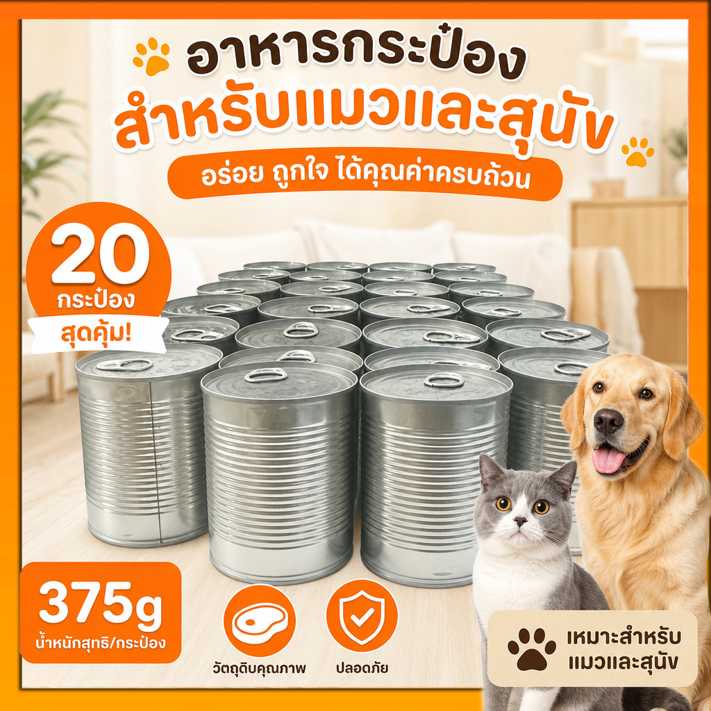 20ชิ้น🐾อาหารแมว อาหารกระป๋องสุนัข าหารแมวกระป๋องเปลือย กระป๋อง 375 กรัม ไม่มีวัตถุกันเสีย สชาติสุ่ม อาหารแมวเปียก