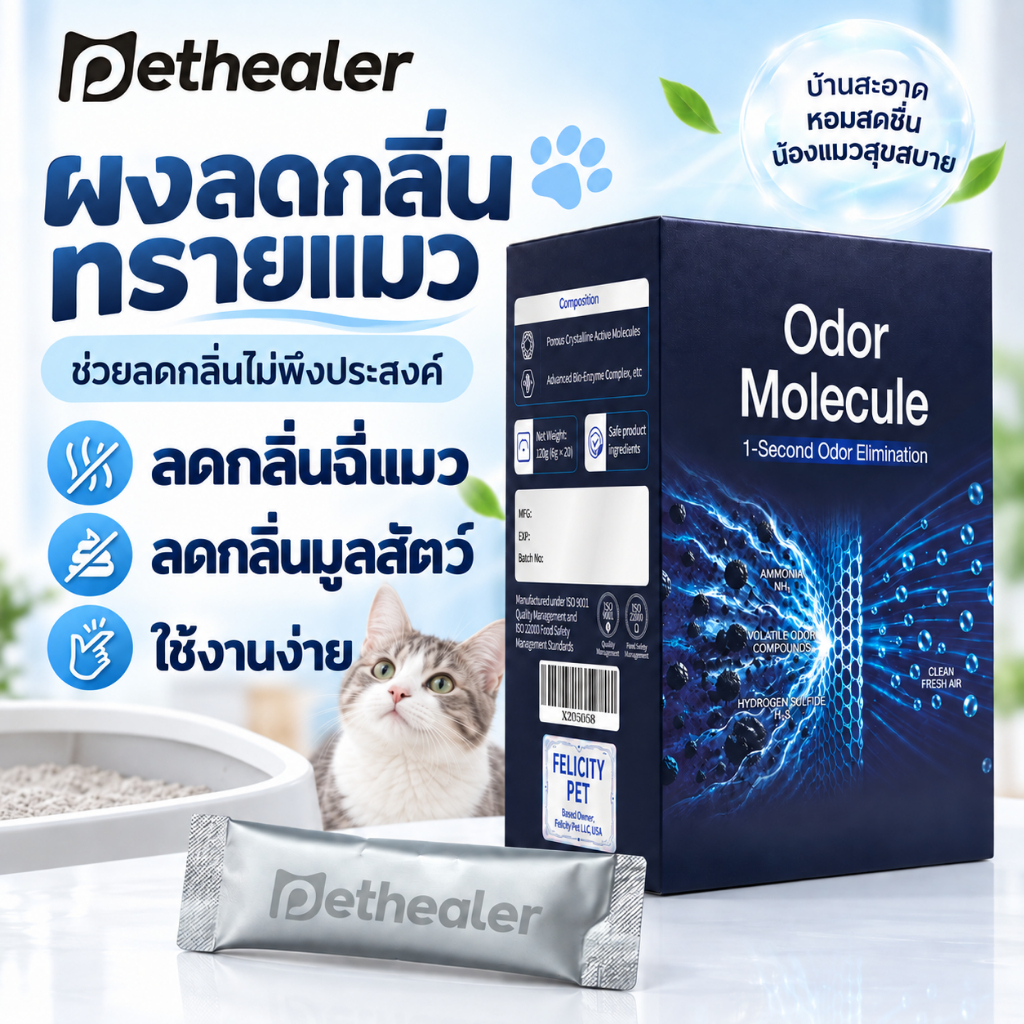 Pethealer กลิ่นแมว ผลิตภัณฑ์ดูแล ผลิตภัณฑ์ดูแลกลิ่น สารสกัดจากพืช ไม่เติมน้ําหอม ไม่เติมสี 5g×20 ซอง
