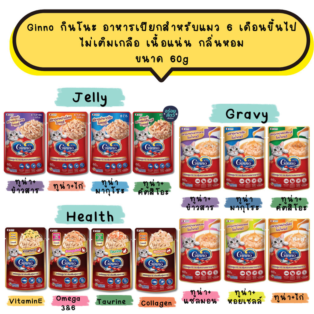 ยกลัง 48 ซอง) Ginno กินโนะ อาหารเปียกสําหรับแมว 6 เดือนขึ้นไป ไม่เติมเกลือ เนื้อแน่น กลิ่นหอม ขนาด 60g