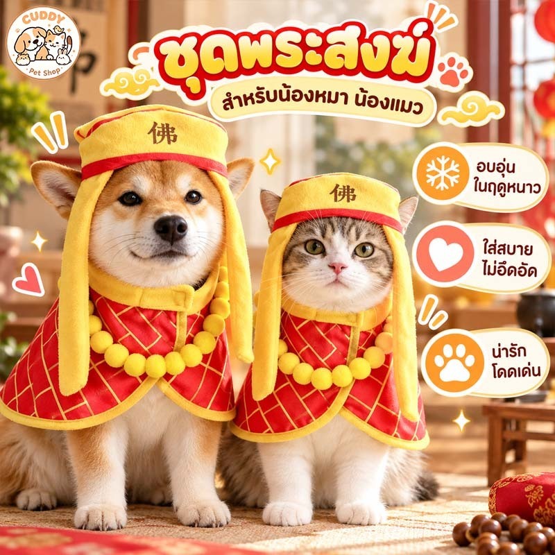 ชุดสุนัข เสื้อผ้าแมว ชุดหมา สไตล์จีน หมวก3D สร้อยลูกปัด ให้ความอบอุ่น คอสเพลย์สัตว์เลี้ยง