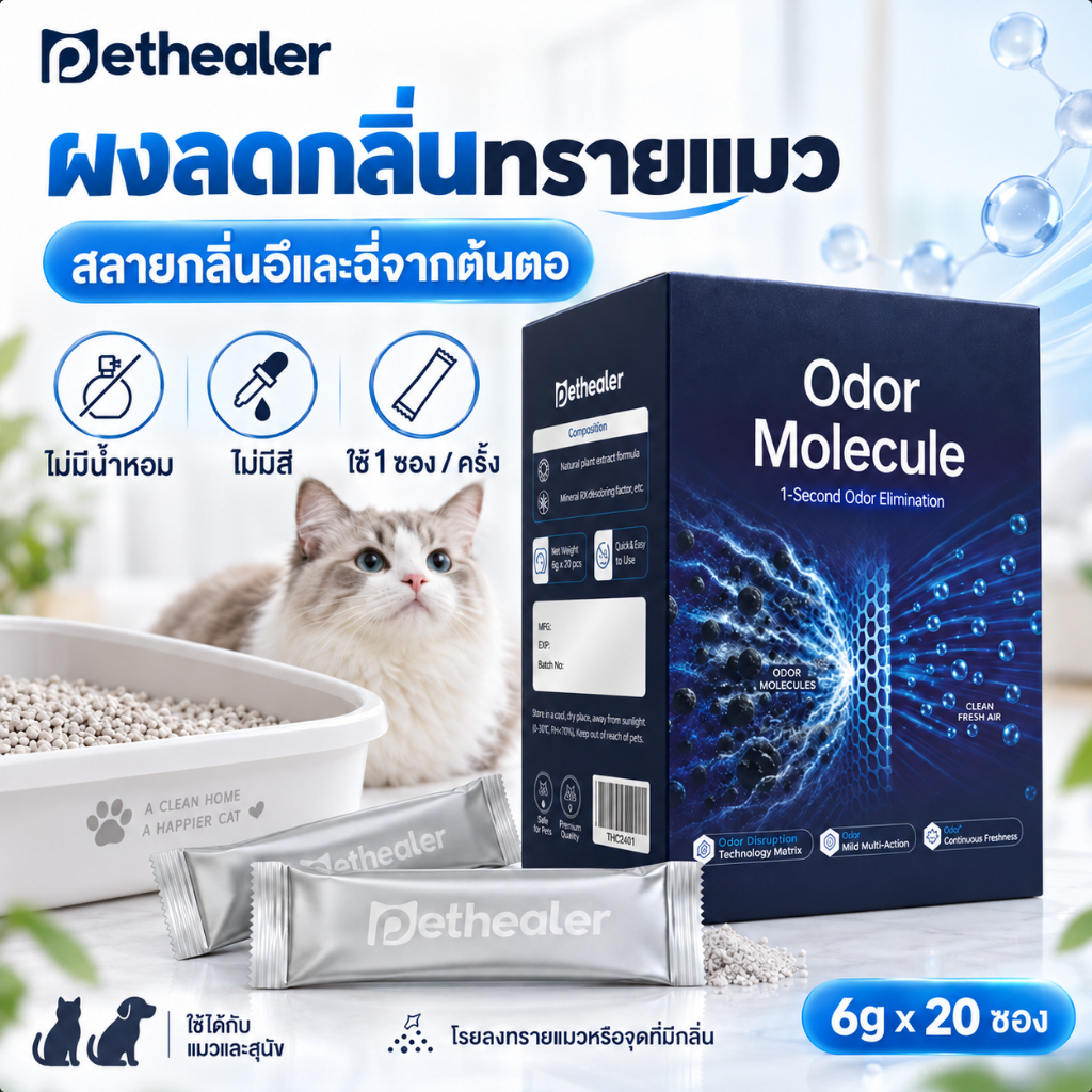 PETHEALER ผงดับกลิ่น 6g x 20 ซอง สําหรับสุนัขและแมว ช่วยลดกลิ่นอุจจาระและปัสสาวะ ใช้กับทรายแมว ไม่มีน้ําหอม ไม่มีสี