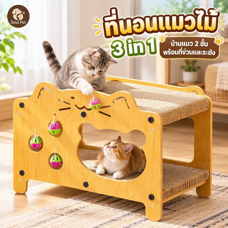 ที่ลับเล็บแมว 2 ชั้น บ้านแมวไม้ไผ่ 3in1 ที่นอนแมว ของเล่นแมว กระดาษลูกฟูกหนา แข็งแรง ทนทาน