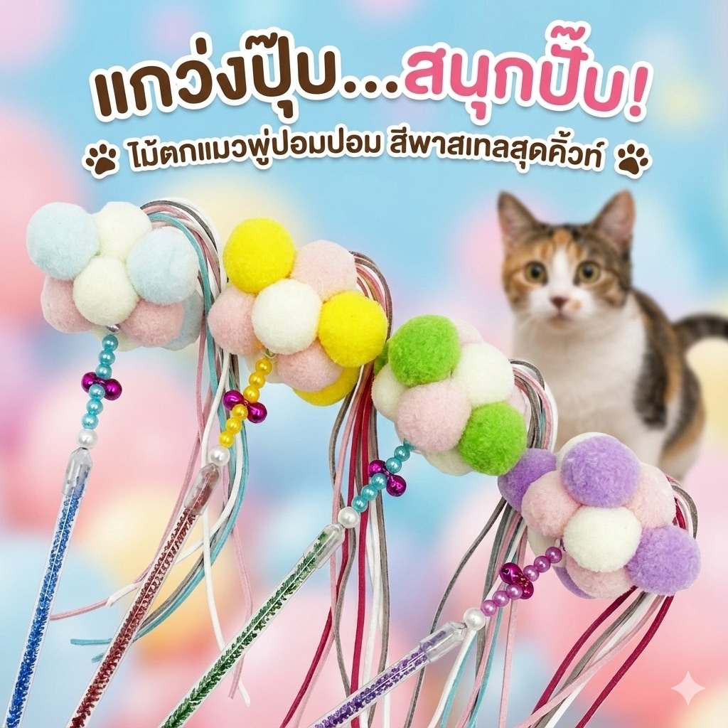 ไม้ตกแมวพู่ปอมปอม ขนนก ก้านใสวิ้ง พู่ใหญ่ มีกระดิ่ง ของเล่นแมว ไม้แมว ไม้ตกแมว คลายเครียด ร้านไทย แพ็คดี