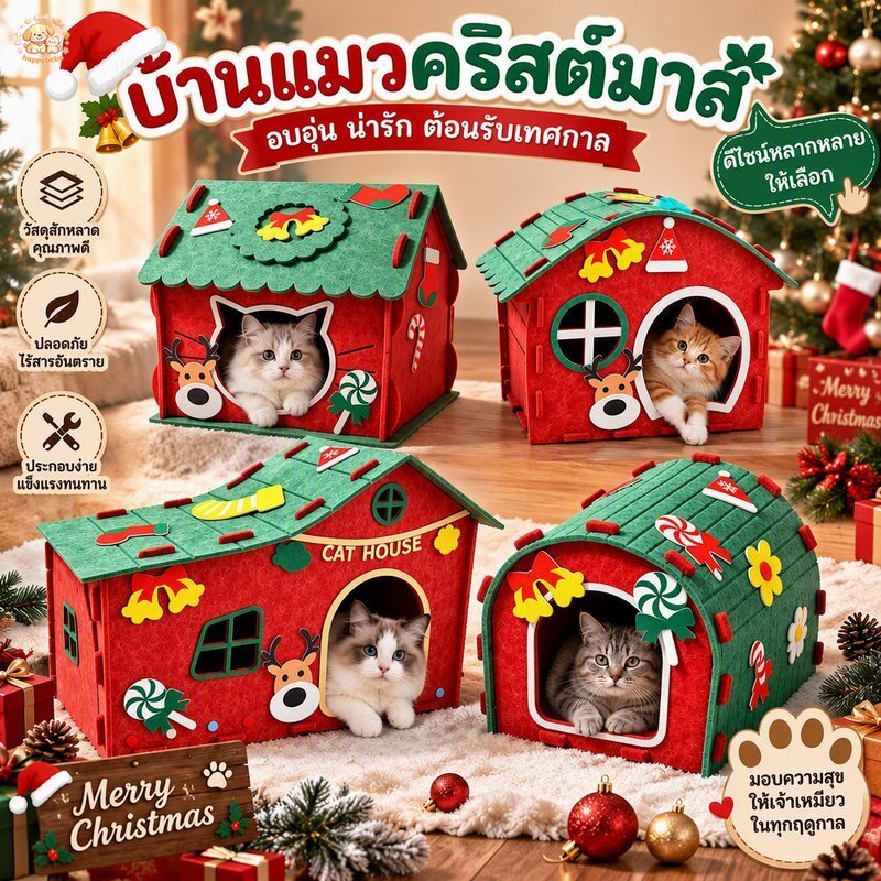 บ้านแมวฤดูคริสต์มาส บ้านแมวกึ่งปิด รังแมวสักหลาด ผ้าสักหลาด นุ่มสบาย พับได้ มีแท่นขูดเล็บ