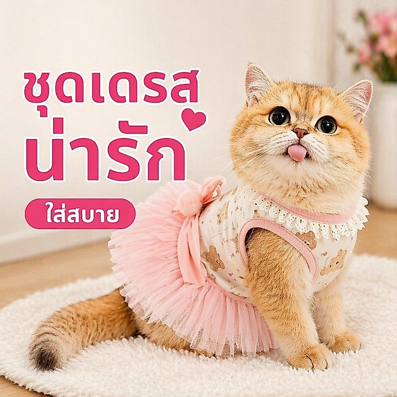 ชุดเดรสสุนัขแมว หน้าร้อน กระโปรงตาข่าย ปอมปอม โบว์ลูกไม้ เสื้อกั๊ก โพลีเอสเตอร์ ระบายอากาศ