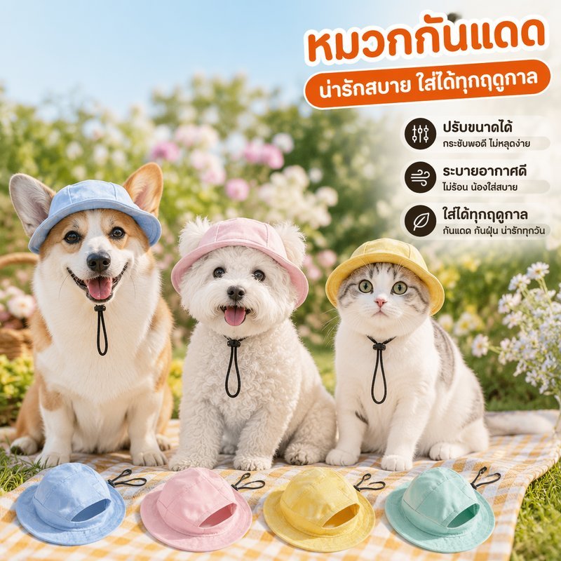 หมวกกันแดดสัตว์เลี้ยง สุนัข แมว ปรับสายได้ ระบายอากาศ น้ําหนักเบา ใส่สบาย แฟชั่น น่ารัก
