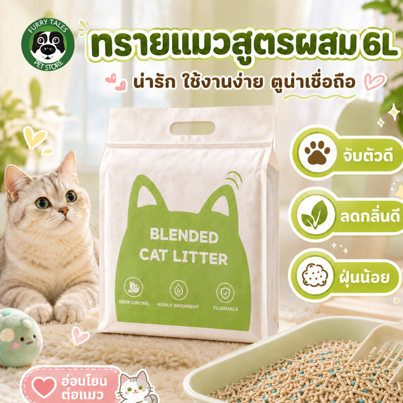 ทรายแมวเต้าหู้ ทรายเต้าหู้ ผสมเบนโทไนท์ ทรายเเมวผสม 6L ไม่ติดด้านล่าง กําจัดกลิ่น ปราศจากฝุ่น