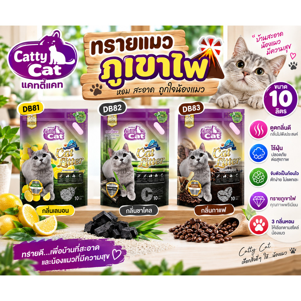 ทรายแมว CattyCat ภูเขาไฟ ขนาด 10 ลิตร DB81 DB82 DB83 มี 3 กลิ่น หอม ทรายดูดกลิ่นดี ไร้ฝุ่น จับตัวเป็นก้อนไว
