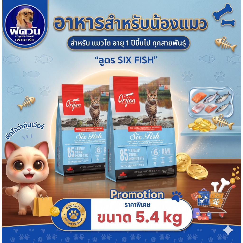 Orijen Six Fish อาหารแมว สูตรปลา 6 ชนิด ขนาด 5.4 kg.{อาหารแมวเม็ด