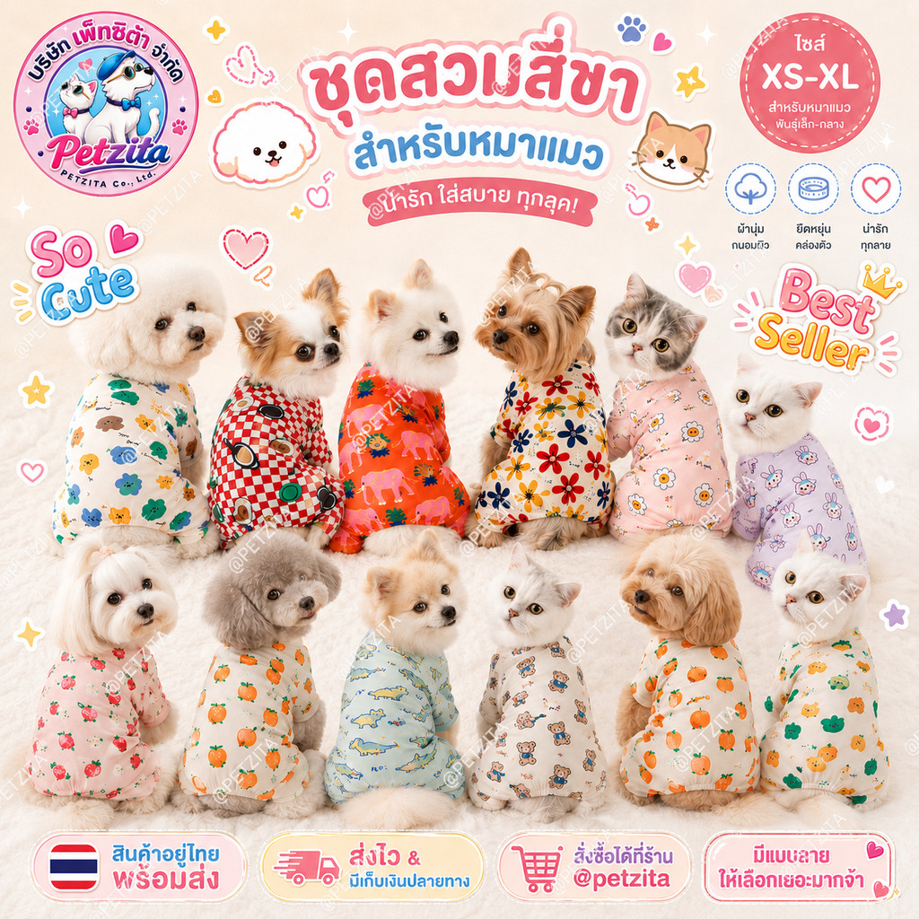 ชุดนอนผ้านิ่มลายน่ารัก ชุดสี่ขา For PET เสื้อผ้าสัตว์เลี้ยง สุนัข หมา แมว