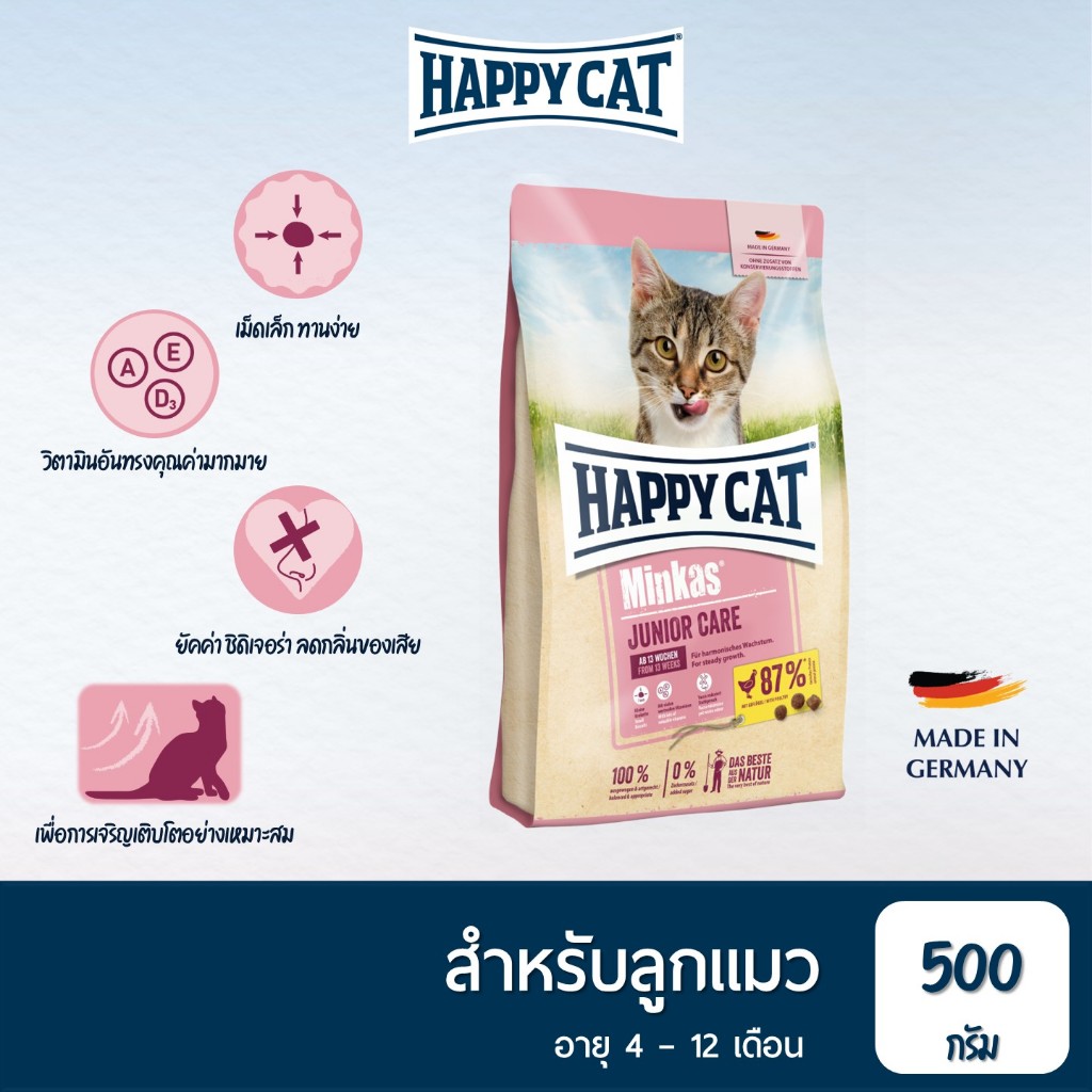 HAPPY CAT Minkas Junior Care อาหารลูกแมว อายุ 4-12 เดือน โตสมวัย ย่อยง่าย โภชนาการครบถ้วน เนื้อสัตว์ปีกและปลา 500 g