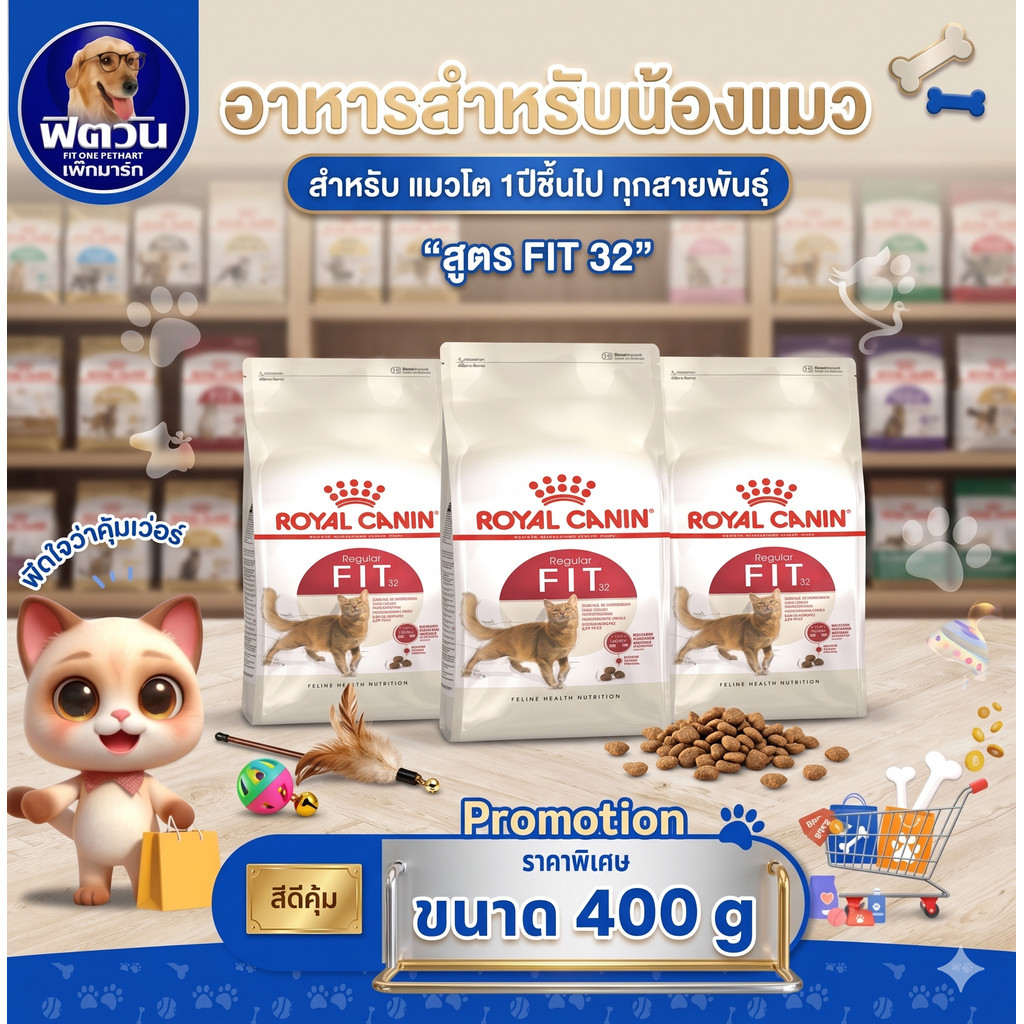 ROYAL CANIN FIT32 ADULT อาหารแมวโต1ปีขึ้นไป สูตรช่วยให้รูปร่างสมส่วน 400 กรัม{อาหารแมวเม็ด