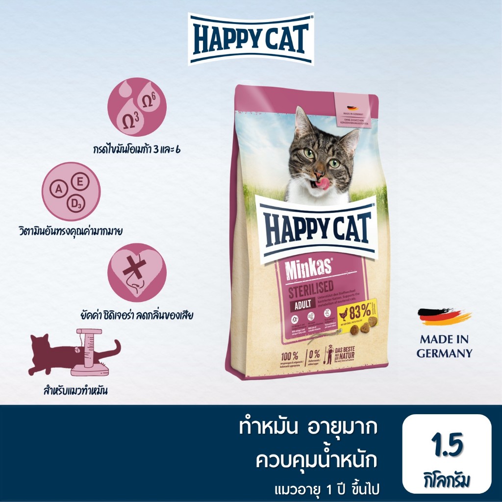 HAPPY CAT Minkas Sterilised อาหารแมวโตทําหมัน ควบคุมน้ําหนัก เนื้อสัตว์ปีกและเนื้อปลา 1.5 Kg