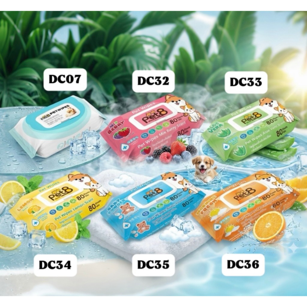 PET8 Petwipes 100 wipes 15cm*20cm ทิชชู่เปียก สําหรับสุนัขและแมว 100 แผ่น (DC07)