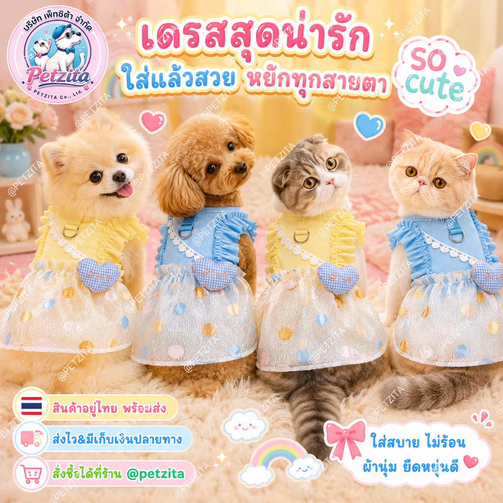 เดรสคุณหนูดีเทลน่ารัก สีสันสดใส for pet เดรสสุนัข ชุดหมา ชุดแมว เสื้อผ้าสัตว์เลี้ยง