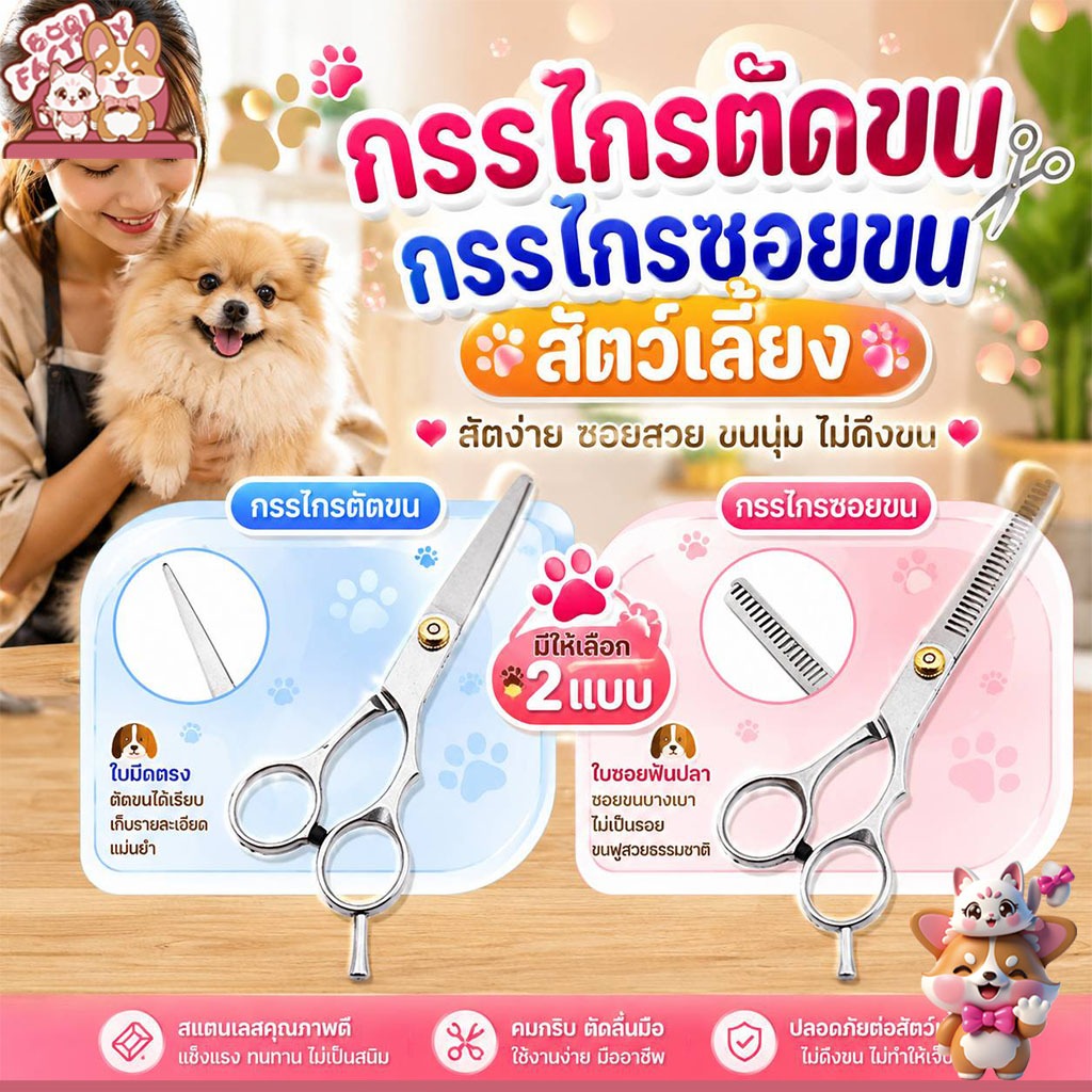 กรรไกรตัดขน + กรรไกรซอยขนสัตว์เลี้ยง สแตนเลส สําหรับสุนัขและแมว มีให้เลือก 2 แบบ Scissors
